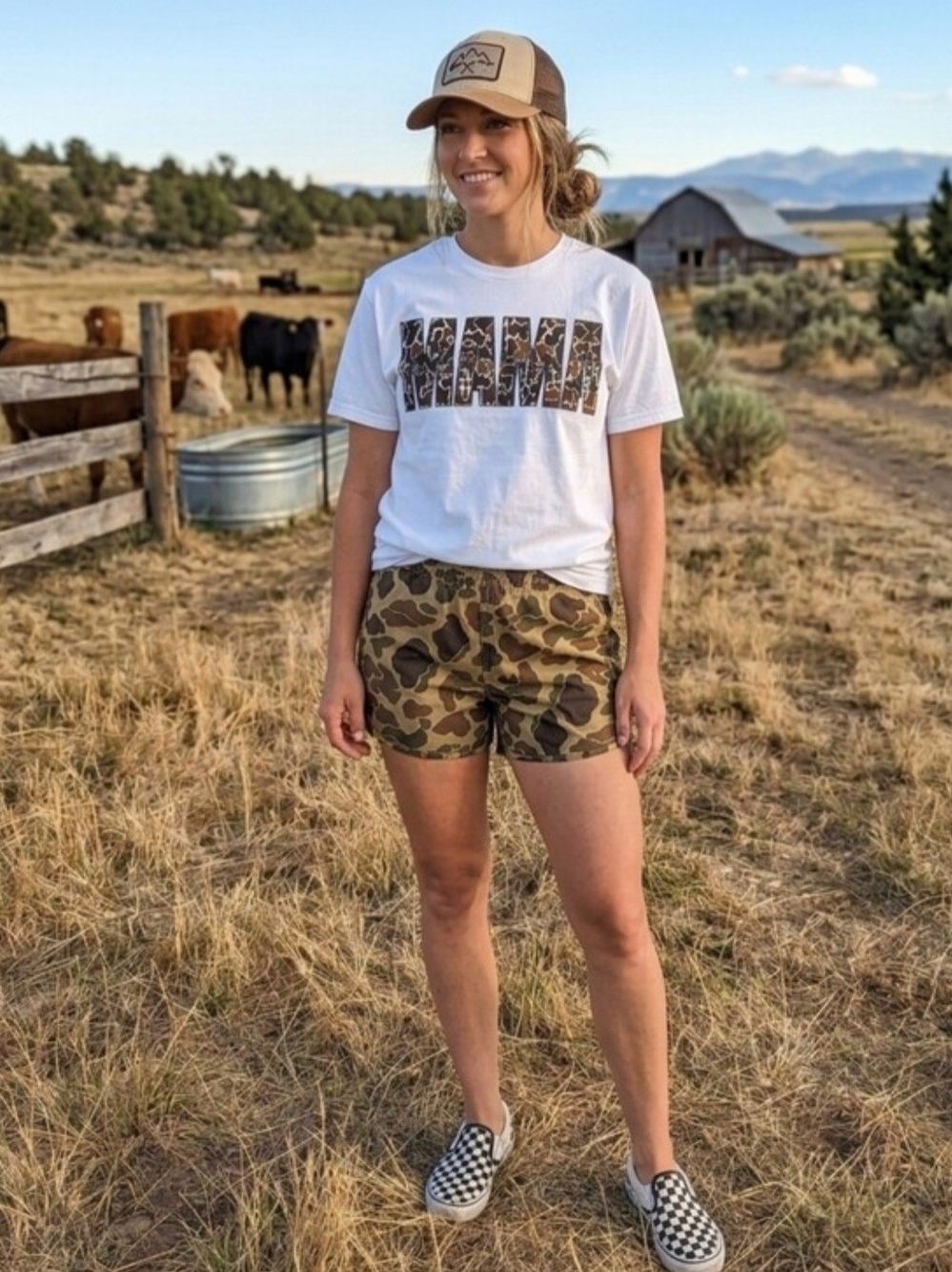 MAMA White Woodland Duck Camo Graphic Short Sleeve Relaxed Country Western Tee
